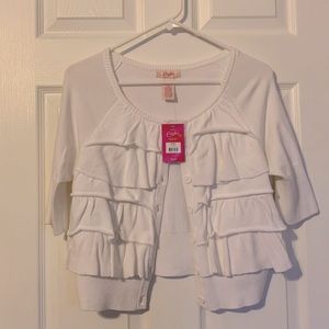 Candie’s, White, Ruffled, Button Down Cardigan, Size Large, New With Tag.